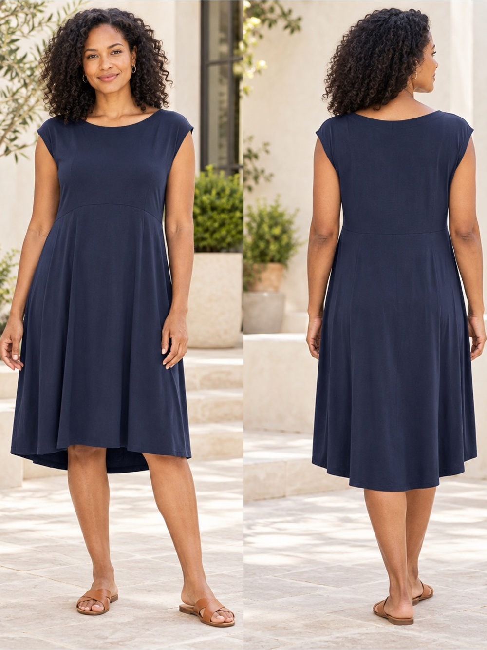 Eileen Fisher M Navy Viscose Jersey Hi Low Dress Cap Sleeve Minimalist swing